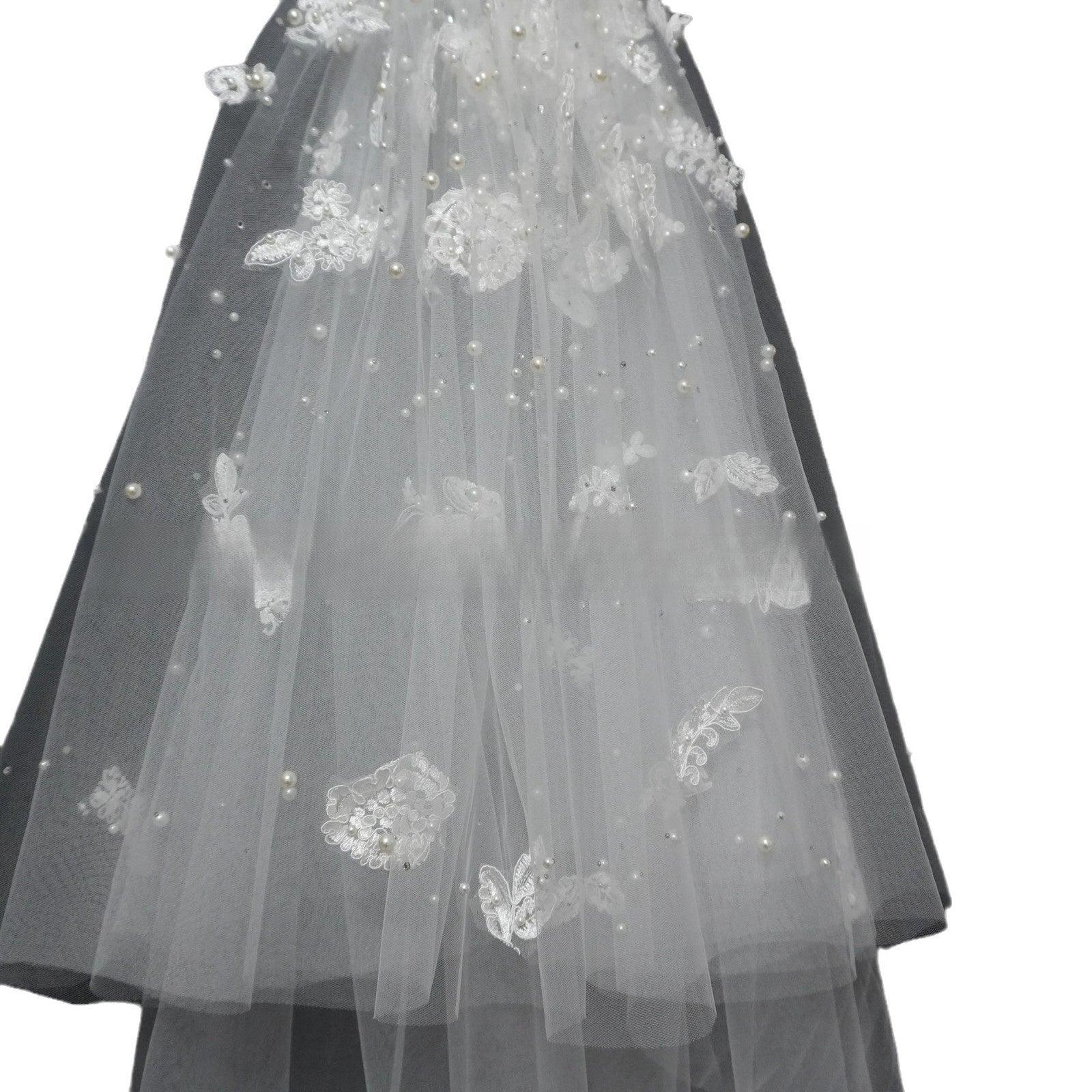 Forest Themed Short Lace Veil with Handcrafted Pearl Butterfly Trim