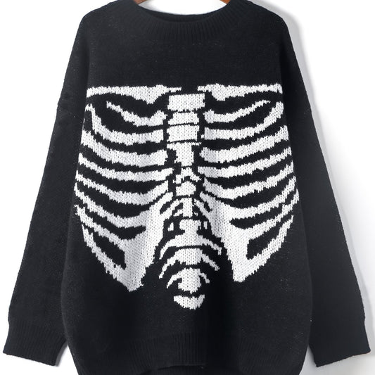  Goth Skull Print Sweater Long Sleeve Round Neck Stretch Jumper