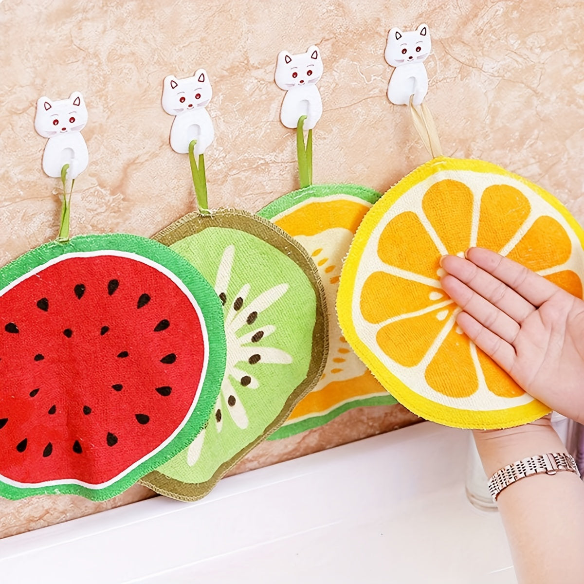 4pcs Fruit Pattern Hanging Towel Absorbent Soft Towel For Bathroom