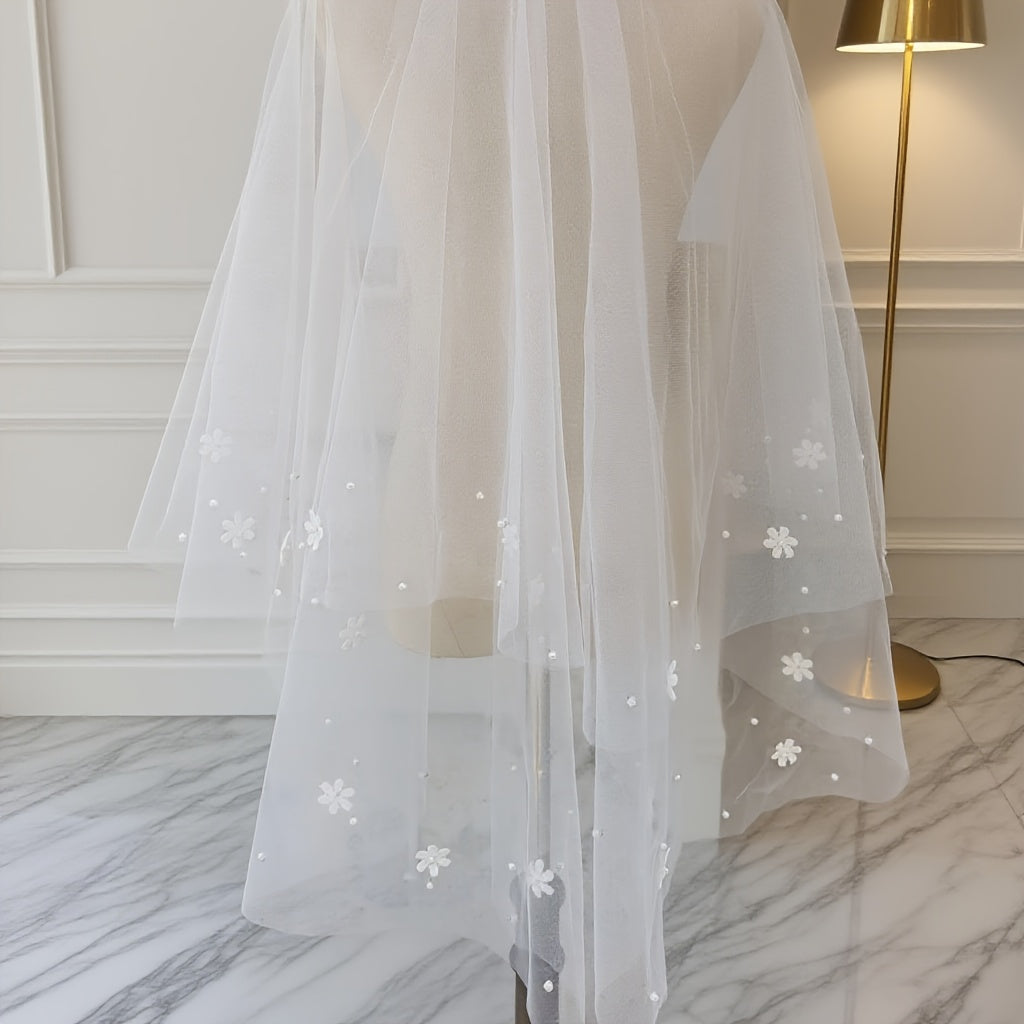 Hand Sewn Floral Pearl Bridal Veil Double Layer with Comb