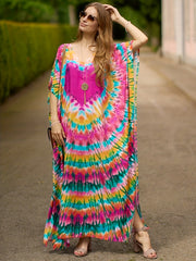  Boho Tie Dye Bat Sleeve V Neck Cover Up Dress