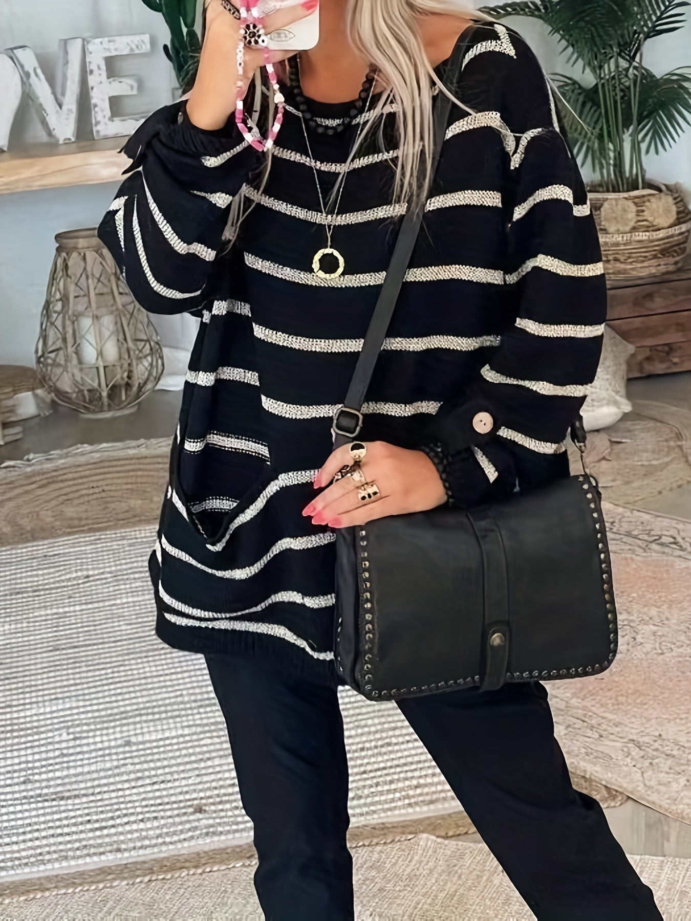 Striped Boat Neck Pullover Sweater Vintage Long Sleeve Pocket Loose Sweater