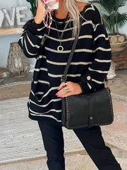 Striped Boat Neck Pullover Sweater Vintage Long Sleeve Pocket Loose Sweater