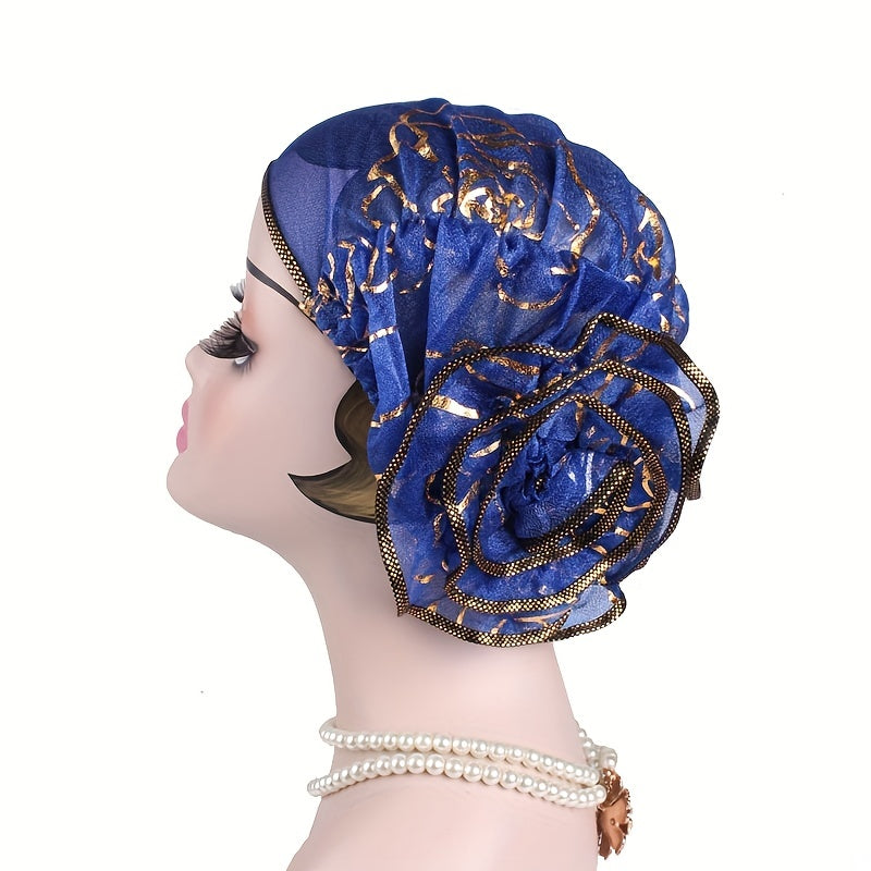 Ruffles Plate Flower Turban Cap Head Wrap Elastic Bonnet Head Scarf