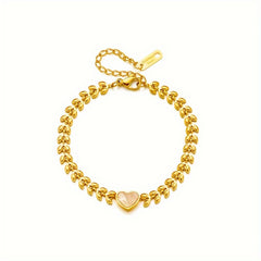 Golden Tone Heart Charm Bracelet Shell Mosaic Stainless Steel Women