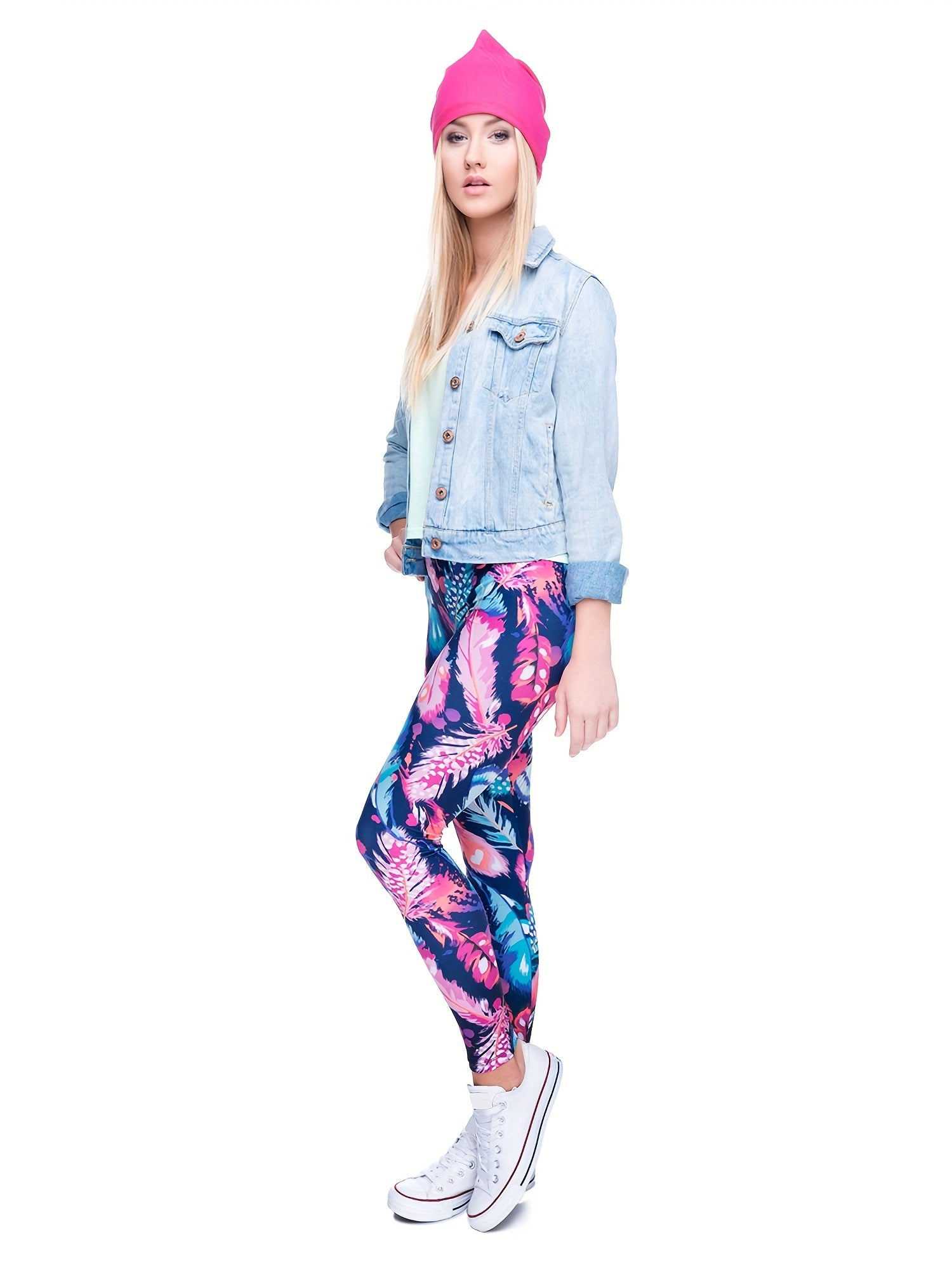 Feather Print Skinny Leggings Stretchy Women's Clothing