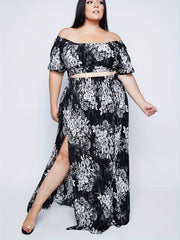  Floral Print Off Shoulder Crop Top & Split Skirt Set
