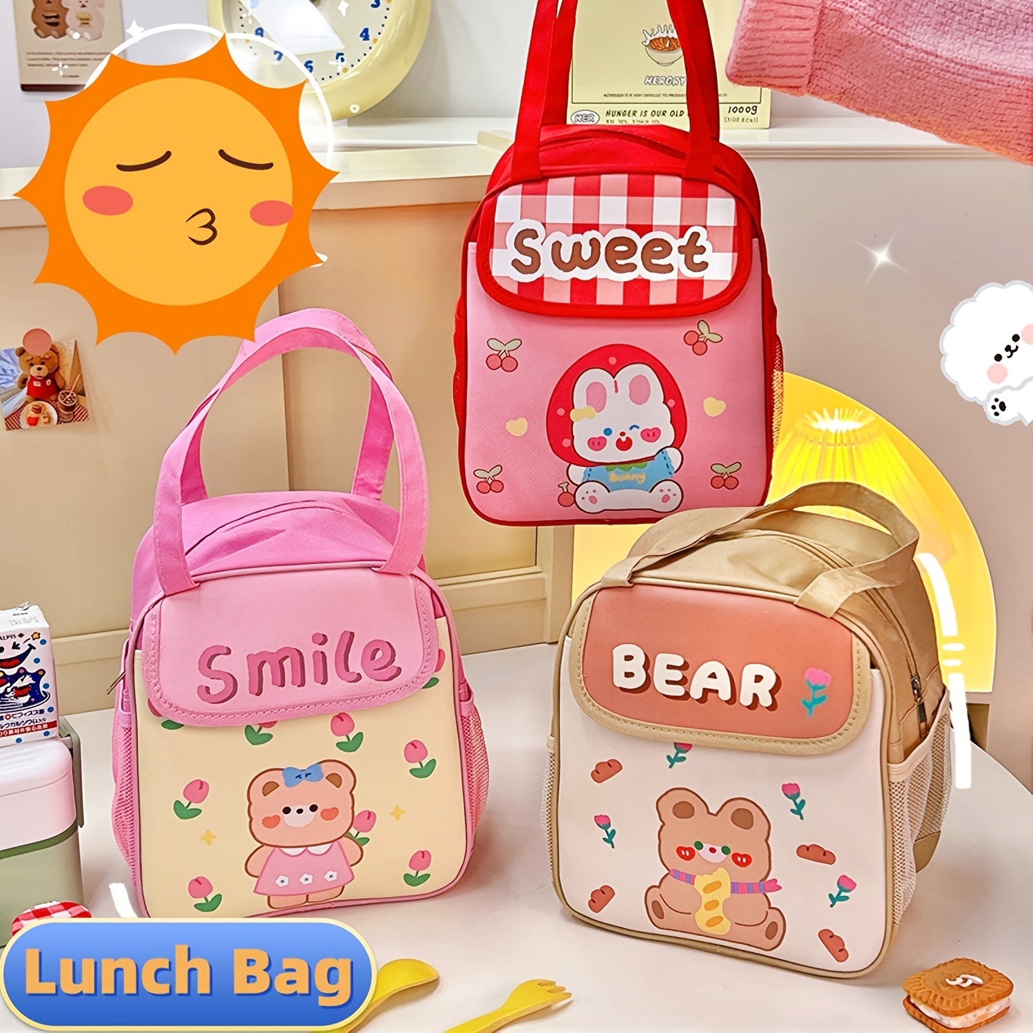 Cartoon Bear Lunch Bag Thermal Insulated Large Capacity Portable Food Storage