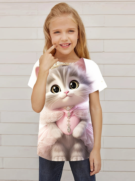 Cat Princess Graphic Short Sleeve T-shirt for Girls