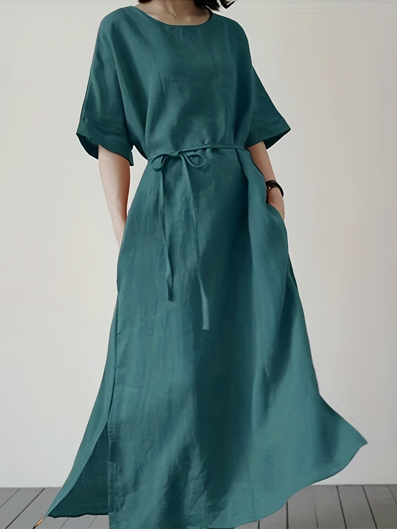 Women's Plus Solid Batwing Sleeve Round Neck Side Split Maxi Dress