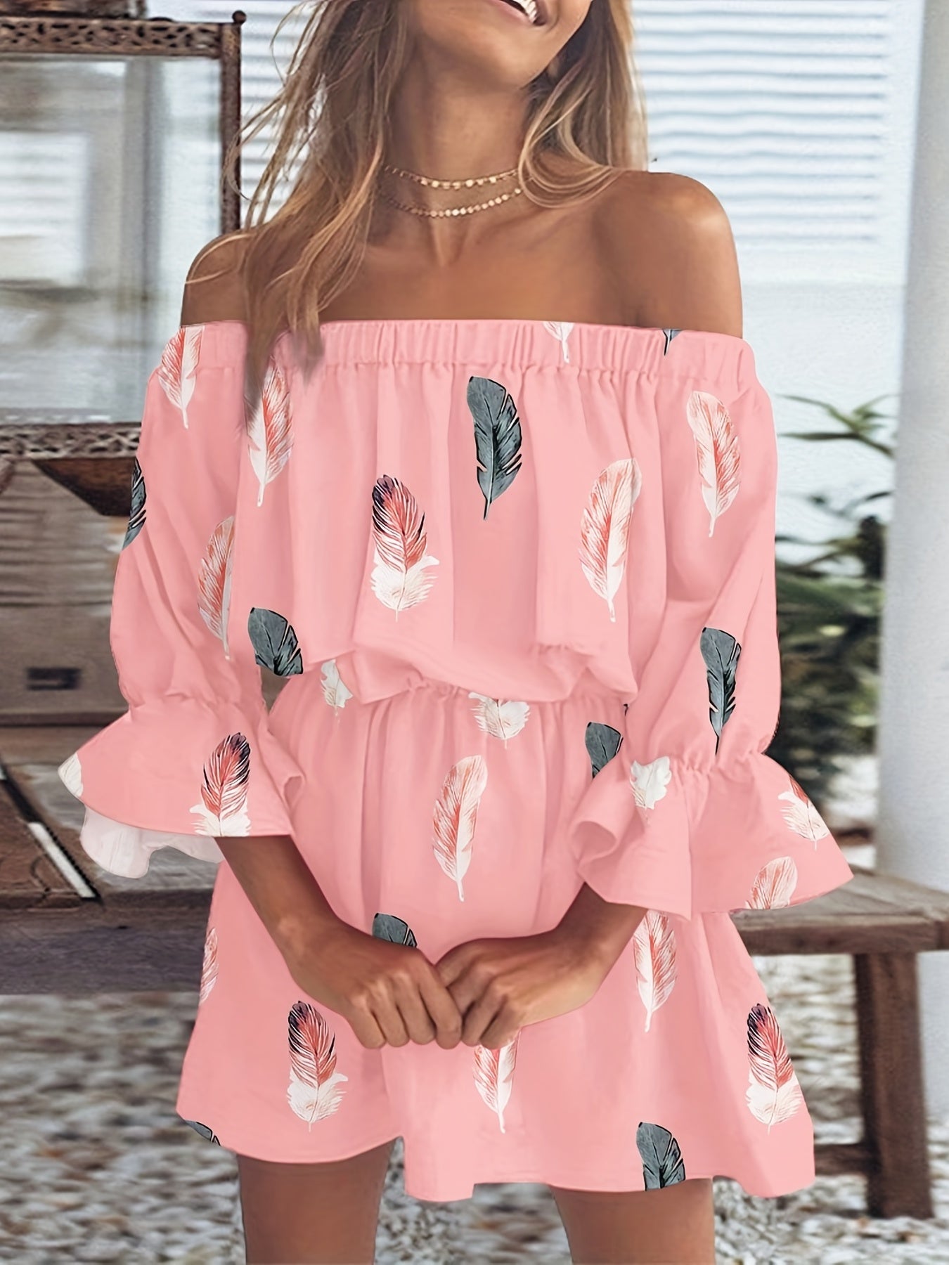 Boho Leaf Off Shoulder Dress Sexy Ruffle Sleeve Dress