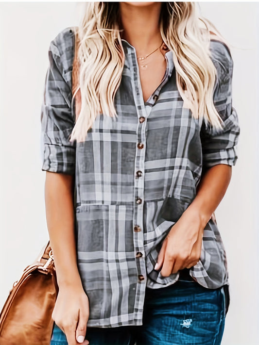  Plaid Print Button Up Long Sleeve Blouse