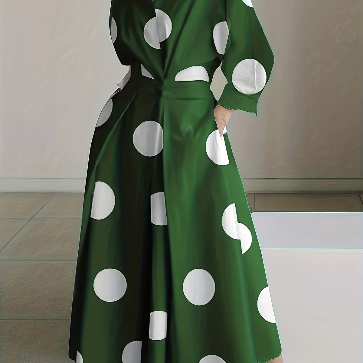  Dot Print Long Sleeve Maxi Shirt Dress