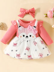 2pcs Baby Girls Fox Graphic Long Sleeve Dress & Headband Bundle