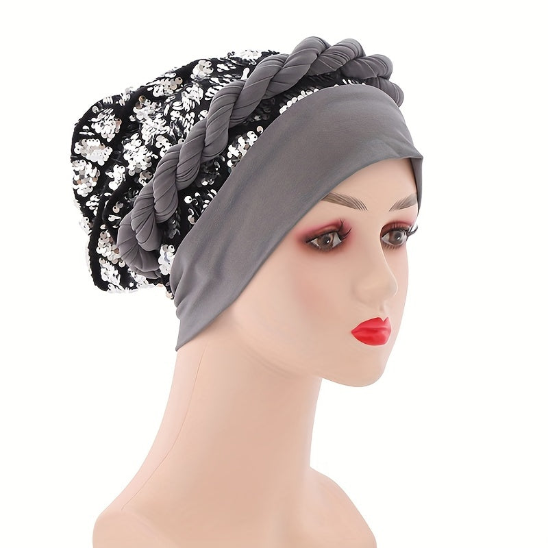 Sequin Turban Cap Head Wrap Solid Ramadan Head Scarf