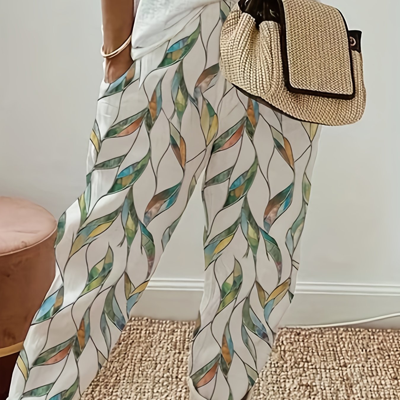 Women's Plus Leaf Print Elastic Waist Harem Trousers