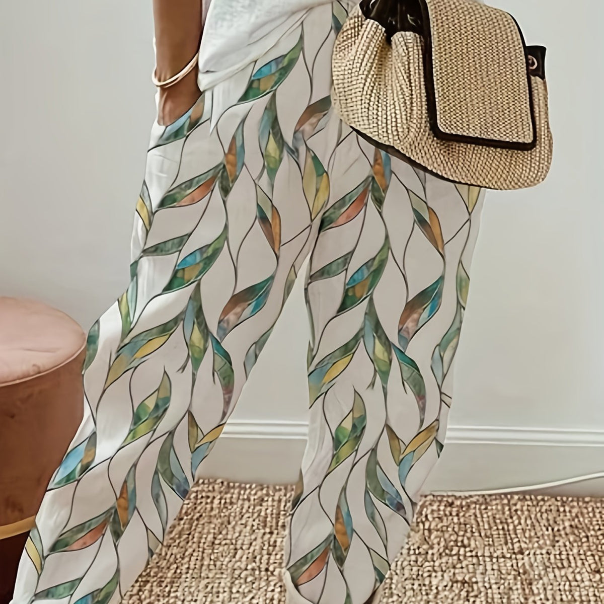 Women's Plus Leaf Print Elastic Waist Harem Trousers
