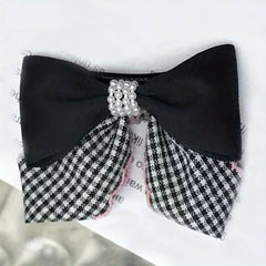 Plaid Pattern Faux Pearl Bowknot Duck Billed Clip Clothing Decoration