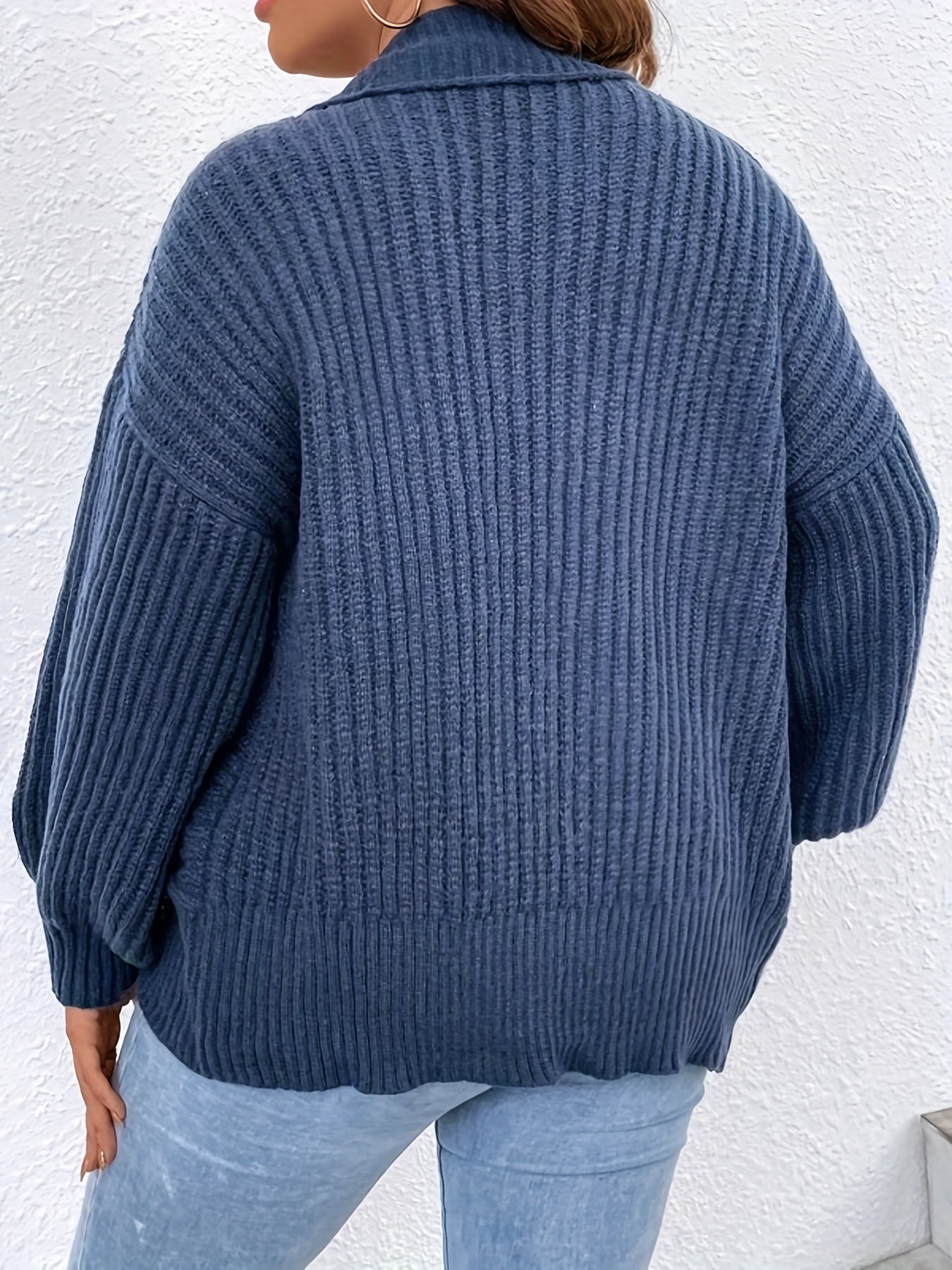  Solid Ribbed Lantern Sleeve Cardigan
