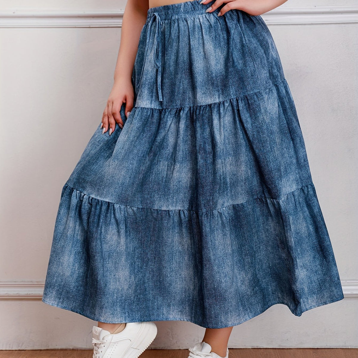  Ombre Denim Print Elastic High Rise Maxi Skirt