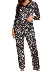 Leopard Print Lounge Set Lace Trim V Neck Top & Pants Women's Loungewear