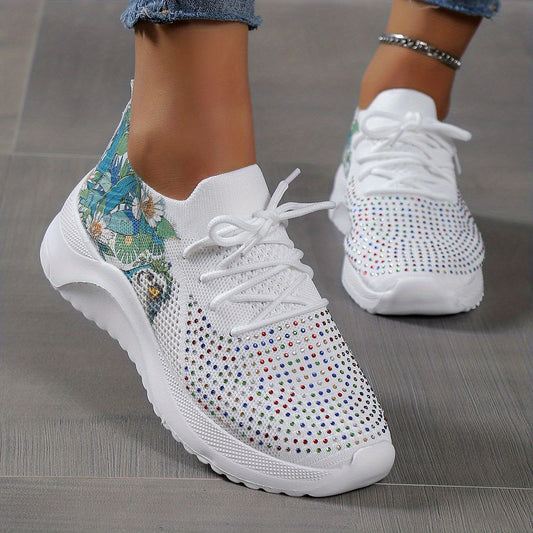 Women's Rhinestone & Floral Sneaker Low Round Toe Sporty Shoes