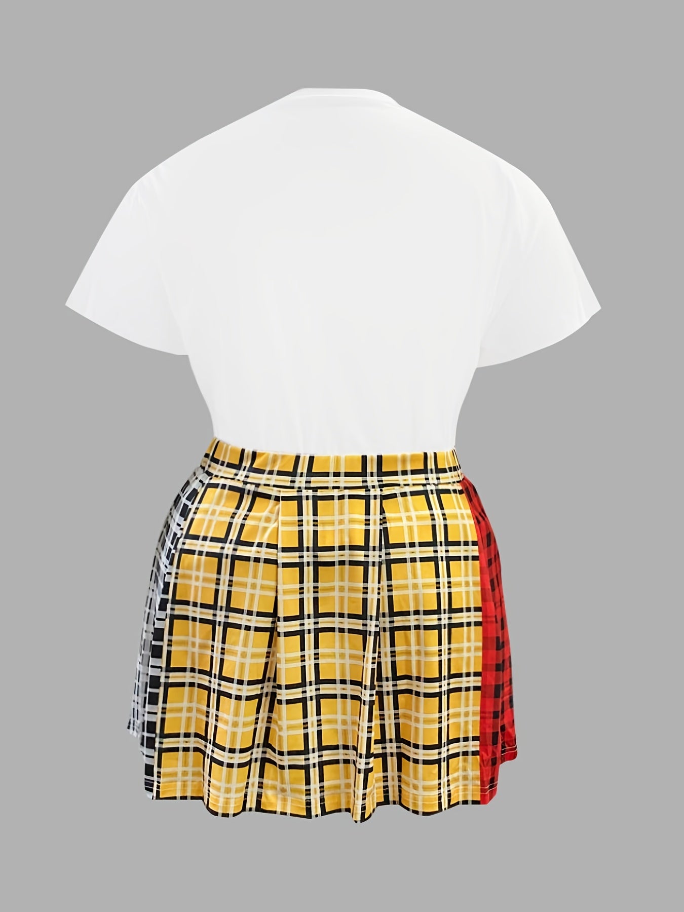  Plaid & Letter Print Tee & Mini Skirt Set