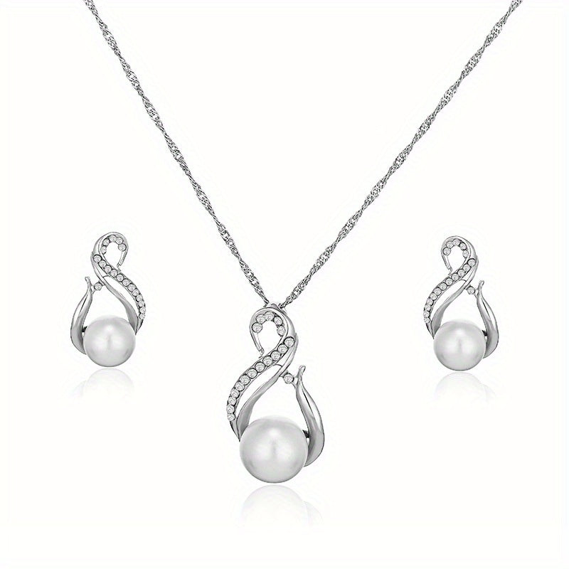 Zirconia Bridal Jewelry Set Necklace & Earrings Faux Pearls Anniversary Gift