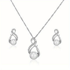 Zirconia Bridal Jewelry Set Necklace & Earrings Faux Pearls Anniversary Gift