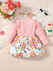 Bear Print Long Sleeve Flutter Sleeve Top Stitching Dress Baby