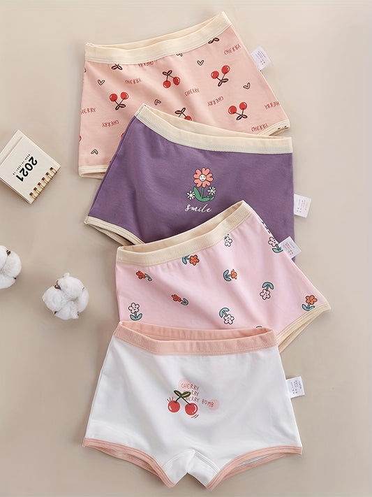 4pcs Girls Boxer Briefs Astronaut Floral Cherry Print Underwear Kids Clothes