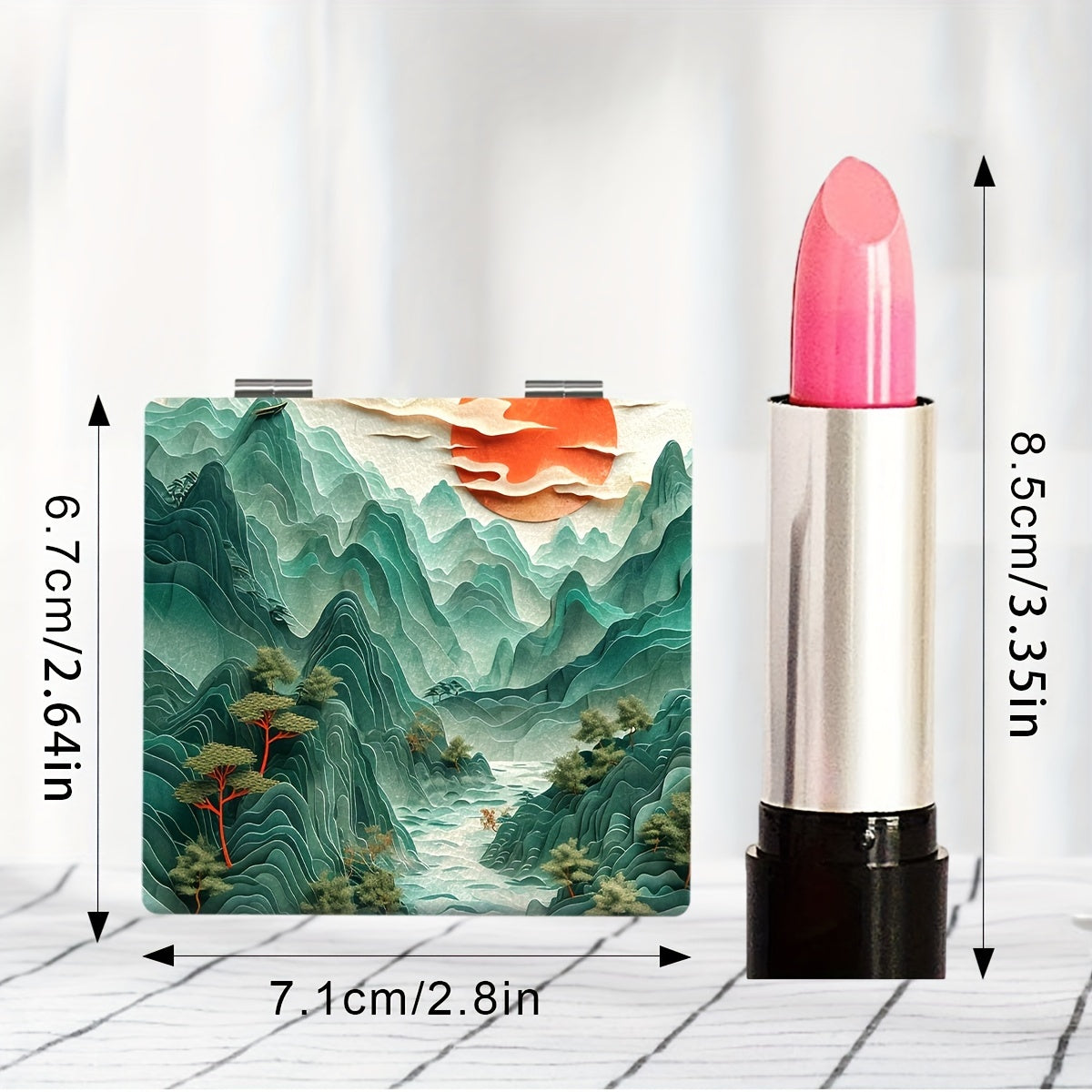 Portable Foldable Handheld Makeup Mirror with Classical Chinese Landscape Art