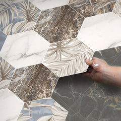 11pcs Plant Leaf Rock Pattern Self-adhesive Hexagon Floor Stickers