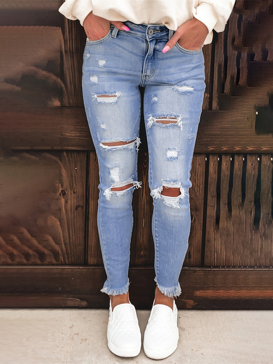  Washed Ripped Button Fly Jeans