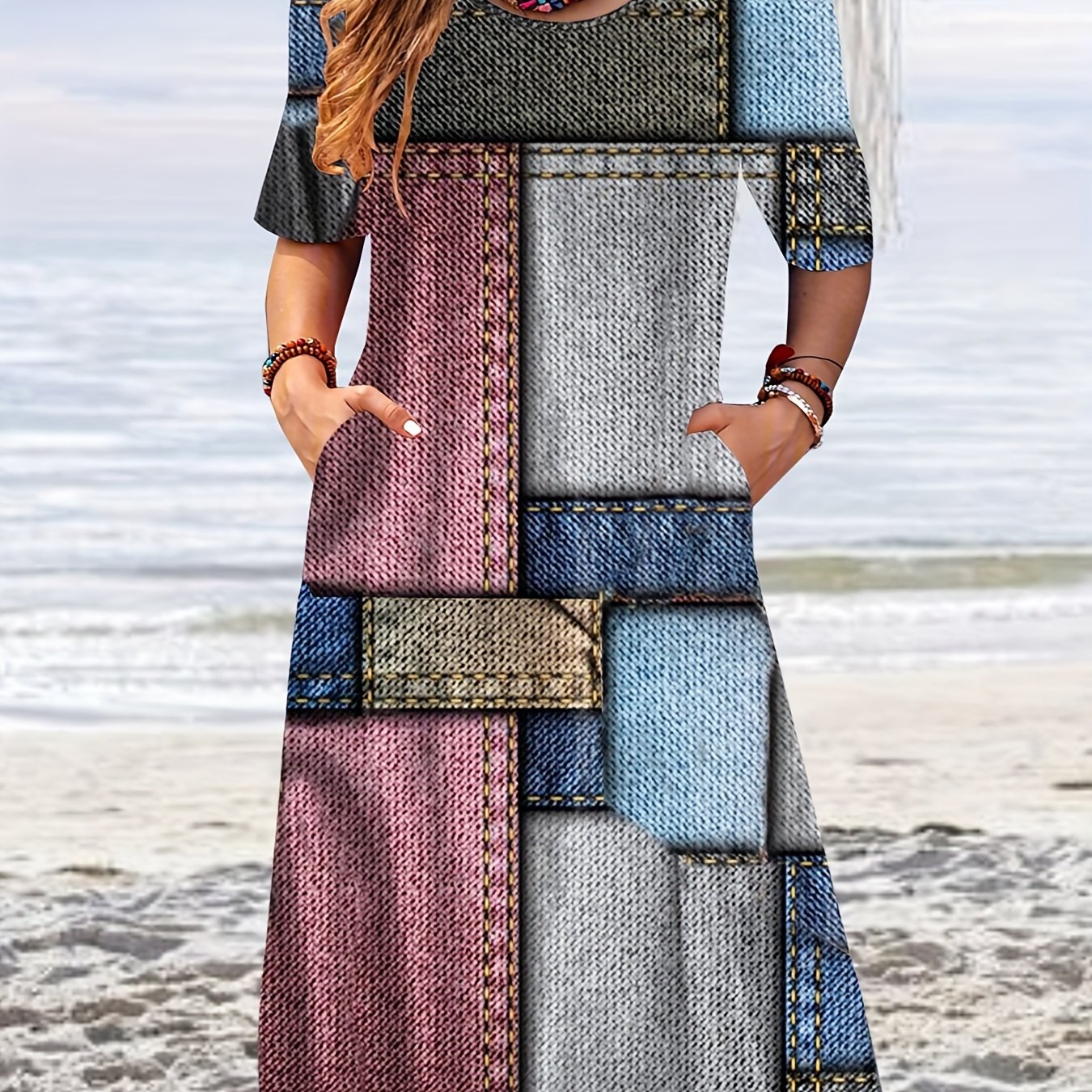  Colorblock Short Sleeve Tee Dress With Pockets