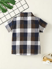 Boys Plaid Shirt Tops Short Sleeves Button Down Casual Summer Kids Clothes