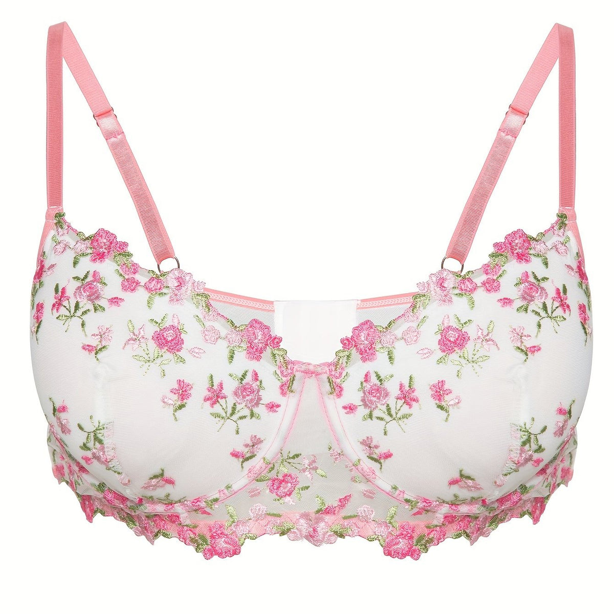  Floral Embroidered Semi Sheer Underwire Mesh Bra