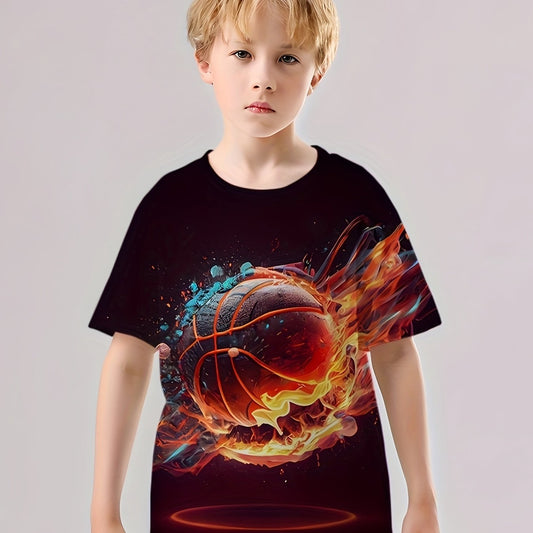 Kids Block Flame Basketball 3D Print Casual Short Sleeve T-shirt