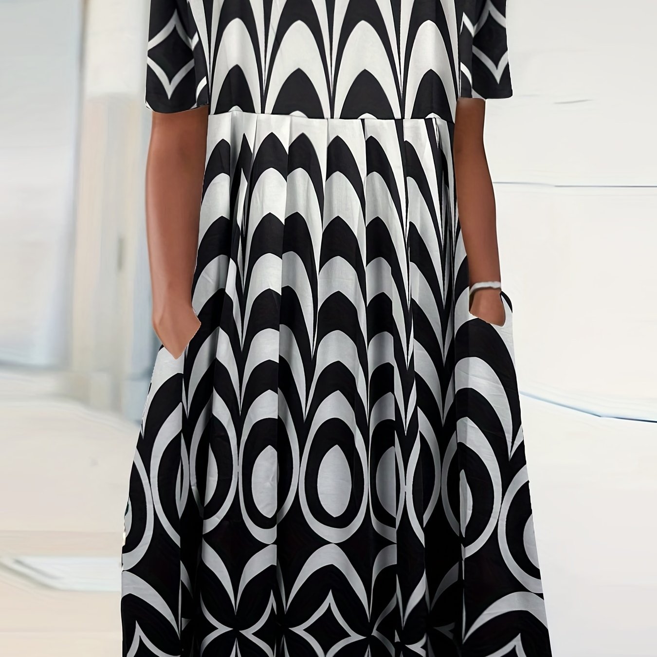  Colorblock Geometric Print Short Sleeve Dress