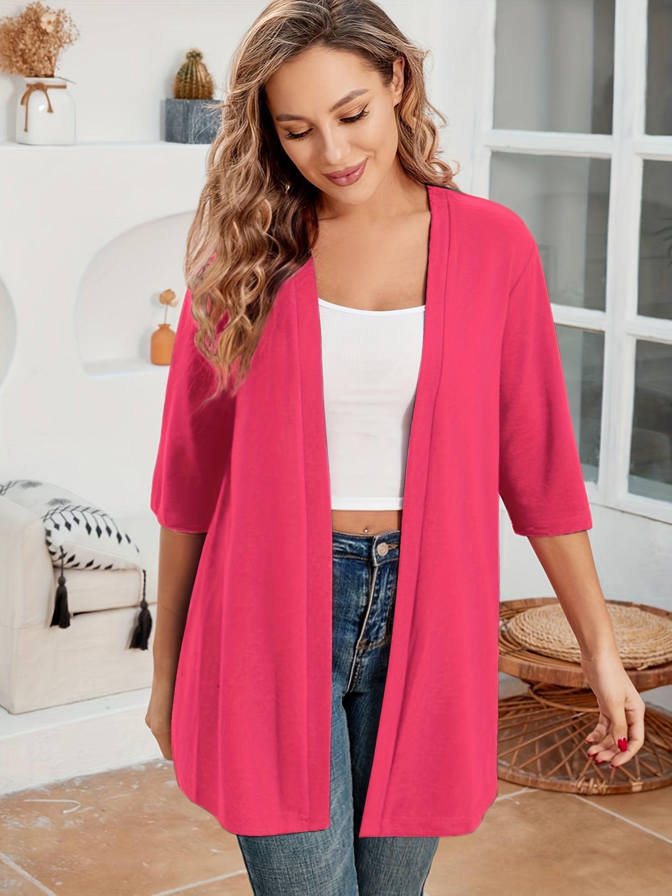  Solid Half Sleeve Open Front Cardigan