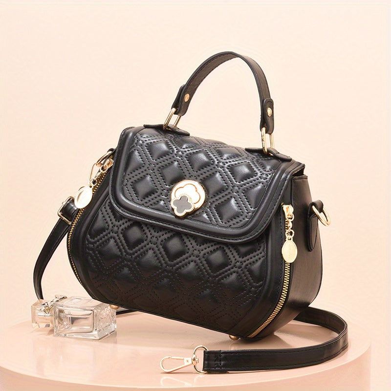 Argyle Embroidered Crossbody Bag Metal Decor Flap Purse