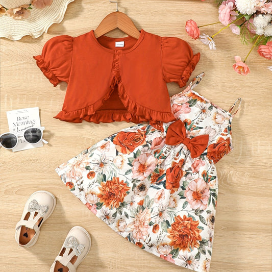 2 Pcs Baby Girl Boho Floral Dress & Cardigan Set