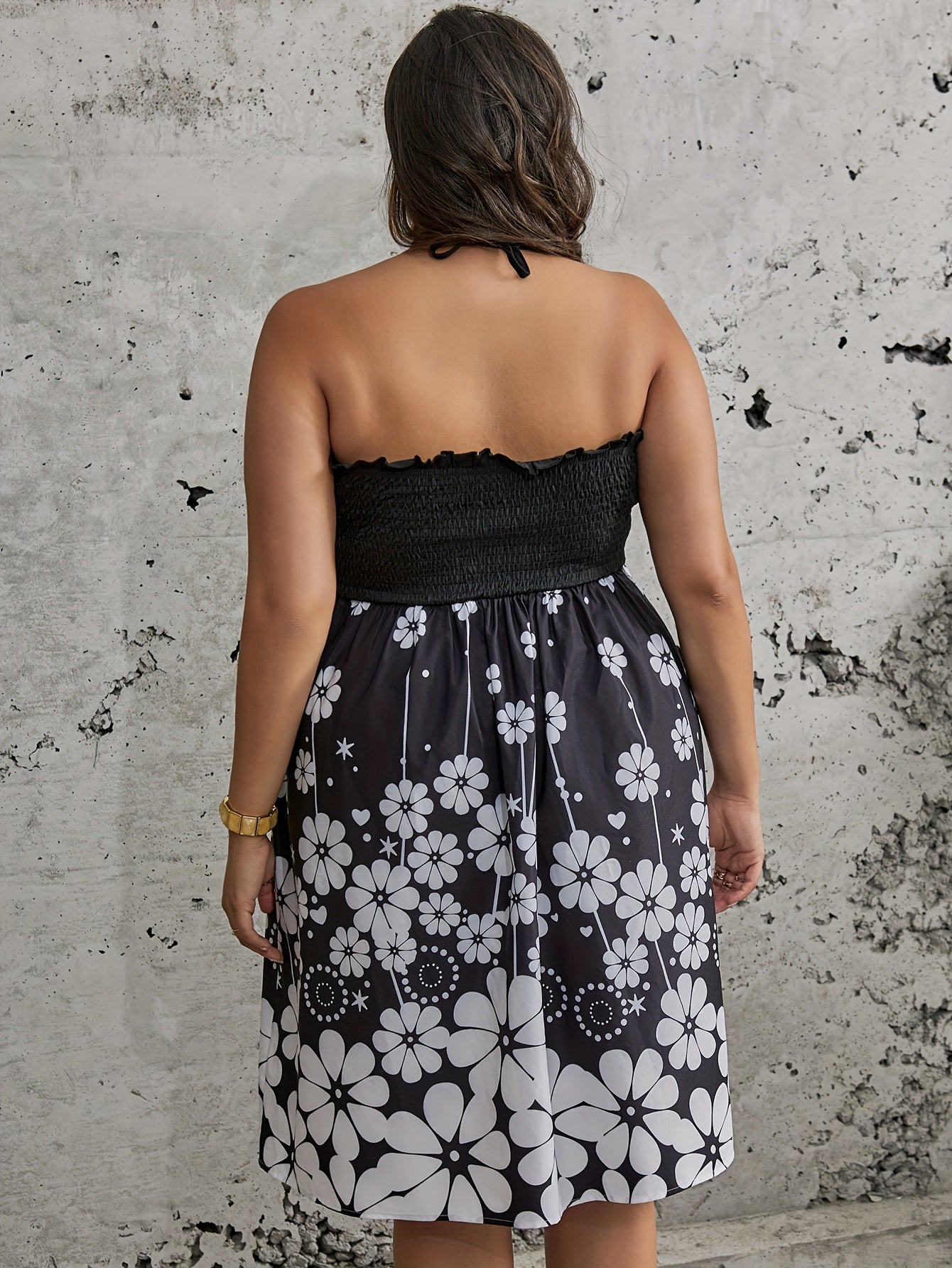  Boho Dress Women's Plus Floral Print Ruffle Trim Halter Neck Dress