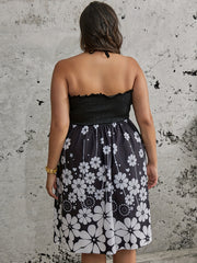 Boho Dress Women's Plus Floral Print Ruffle Trim Halter Neck Dress