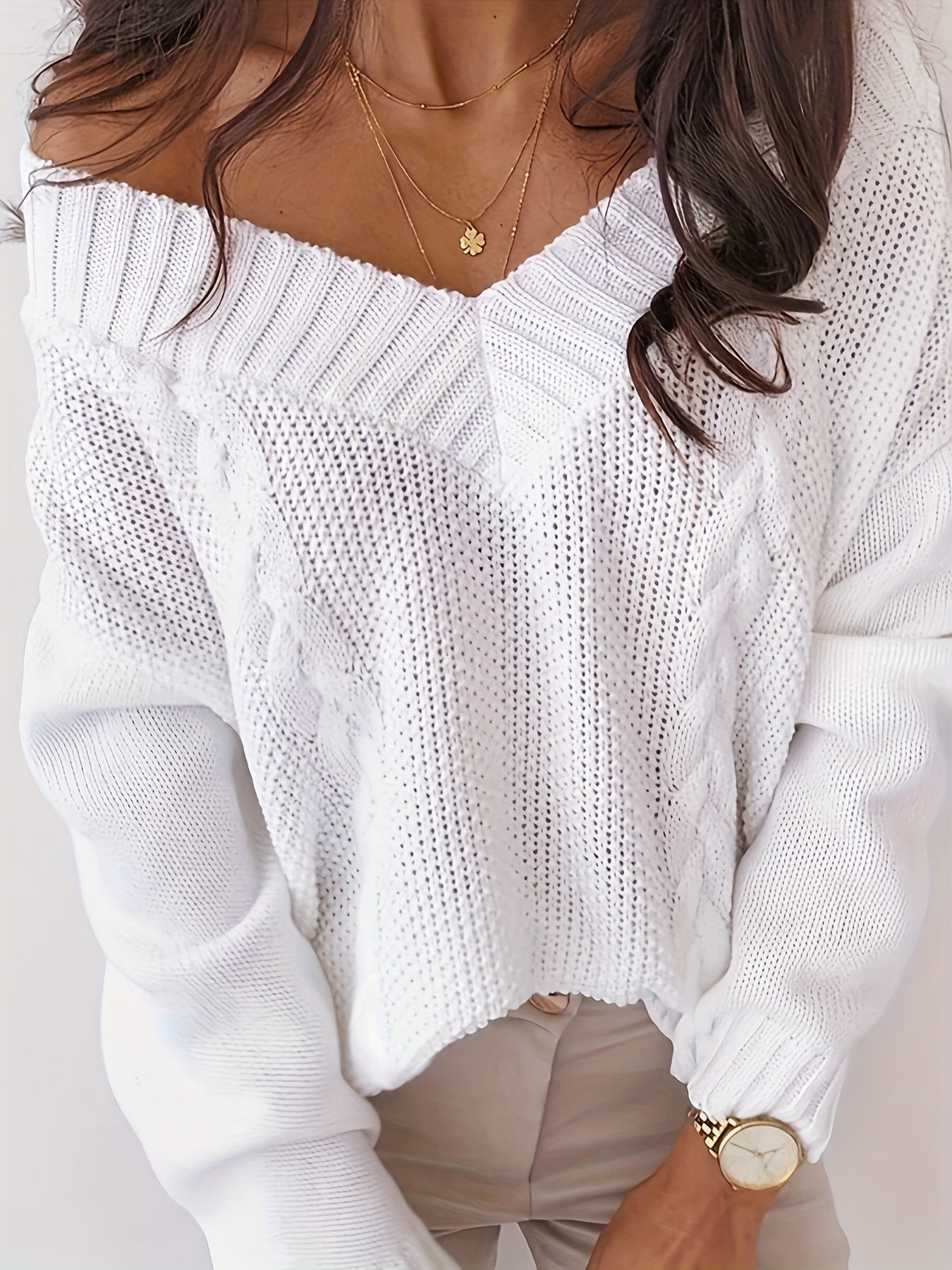  Casual Sweater Women's Plus Solid V Neck High Stretch