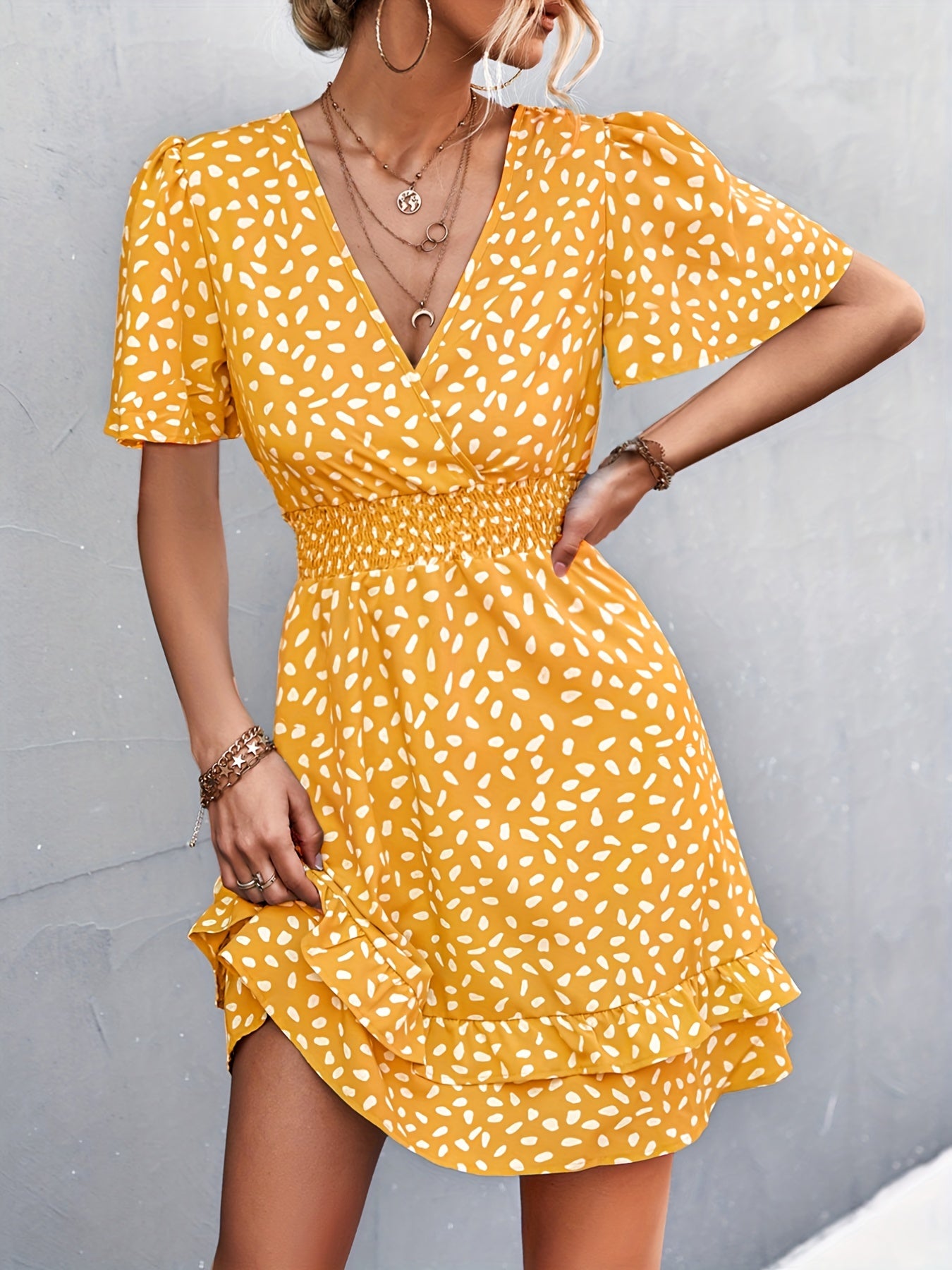 Polka Dot Dress Ruffle Sleeves Boho Swing Blouse Vacation Dress