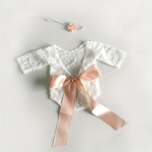 2PC Bowknot Headband Lace Jumpsuit Photography Suit 0-3 Months