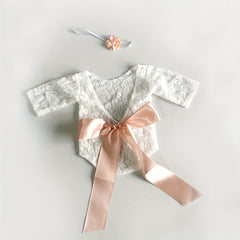 2PC Bowknot Headband Lace Jumpsuit Photography Suit 0-3 Months