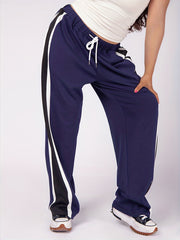  Stripe Print Elastic Drawstring High Rise Wide Leg Pants