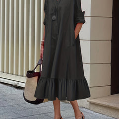  Solid Button Up Long Sleeve Ruffle Trim Midi Shirt Dress
